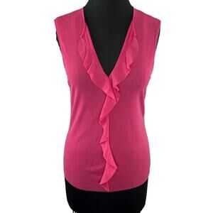 Vivienne Tam Hot Pink Nylon Mesh Ruffled V-Neck Sleeveless Tank Blouse Shell 2